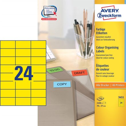 Etikett AVERY 3451 70x37mm univerzális sárga 2400 címke/doboz 100 ív/doboz