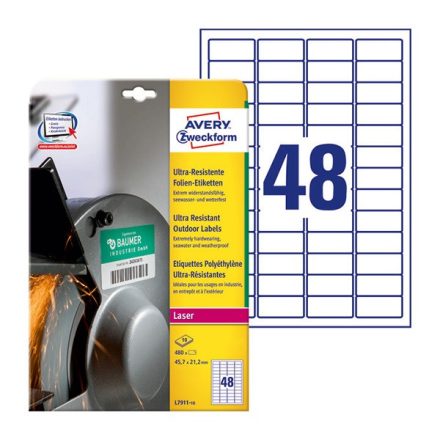 Etikett AVERY L7911-10 45,7x21,2mm ultra ellenálló címke 480 címke/doboz 10 ív/doboz
