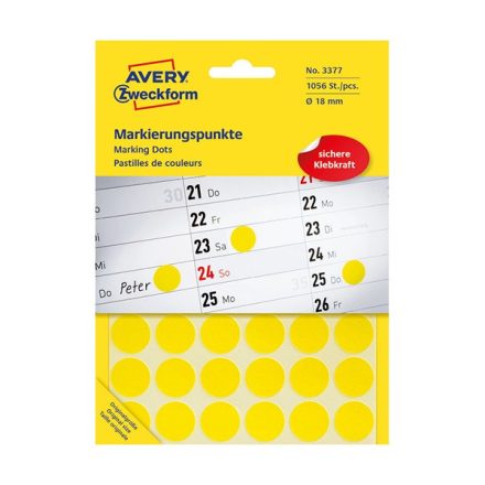 Etikett AVERY 3377 öntapadó jelölőpont sárga 18mm 1056 jelölőpont/csomag