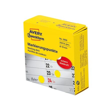 Etikett AVERY 3856 öntapadó jelölőpont adagoló dobozban sárga 19mm 250 jelölőpont/doboz