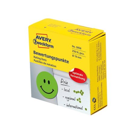 Etikett AVERY 3858 öntapadó jelölőpont adagoló dobozban mosolygós arc mintás zöld 19mm 250 jelölőpont/doboz