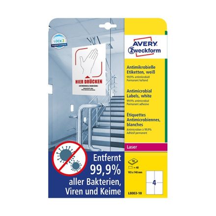 Etikett AVERY L8003-10 105x148mm antimikrobiális fehér 40 címke/doboz 10 ív/doboz