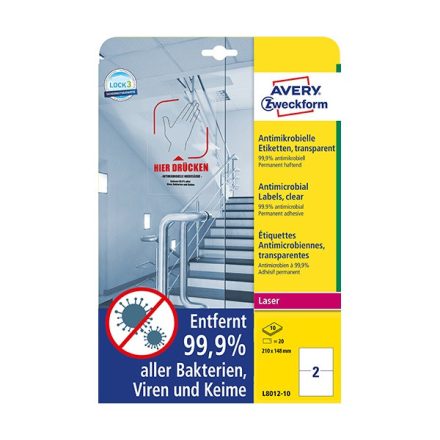 Etikett AVERY L8012-10 210x148mm antimikrobiális átlátszó 20 címke/doboz 10 ív/doboz