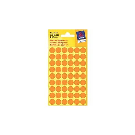 Etikett AVERY 3148 jelölőpont 12 mm neon narancssárga 270 címke/doboz 5 ív/doboz