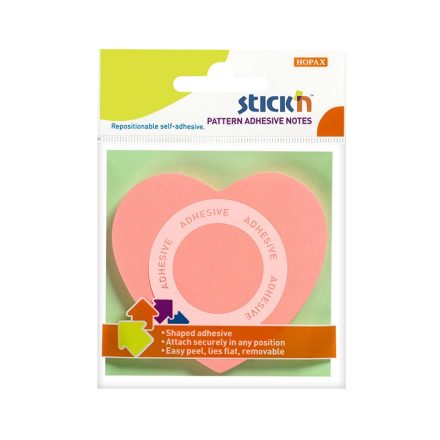 Öntapadó jegyzettömb STICK'N 70x70mm 360°-ban tapadó szív forma rózsaszín 50 lap