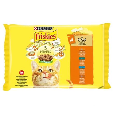 Állateledel alutasakos PURINA Friskies macskáknak csirke-kacsa-lazac-pulyka 4x85g