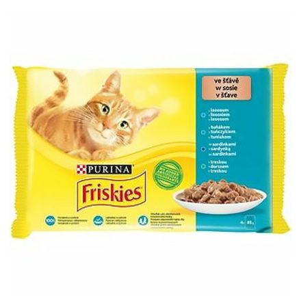 Állateledel alutasakos PURINA Friskies macskáknak lazac-tonhal-tőkehal-szardínia 4x85g