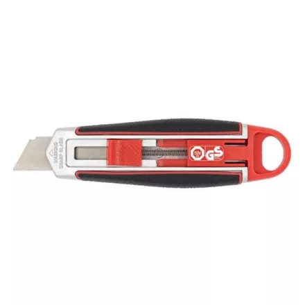 Univerzális vágókés WEDO 18 mm biztonsági 13,6 cm fém test gumi fogórész fém sínnel piros rövid pengével
